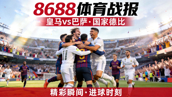 8688体育战报封面·皇马与巴萨的国家德比精彩画面，球员庆祝进球